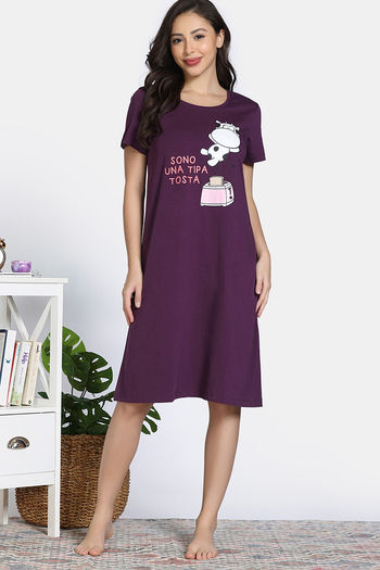 Buy Zivame Fashion Knit Cotton Night Dress - Blackberry Wine